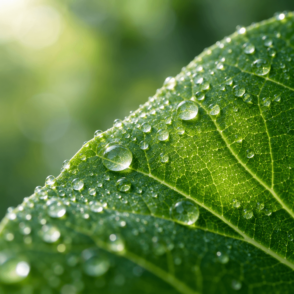 Macro view of dew on a leaf surface.