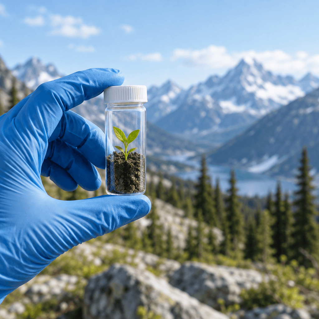 A gloved hand holding a sample vial in the field.