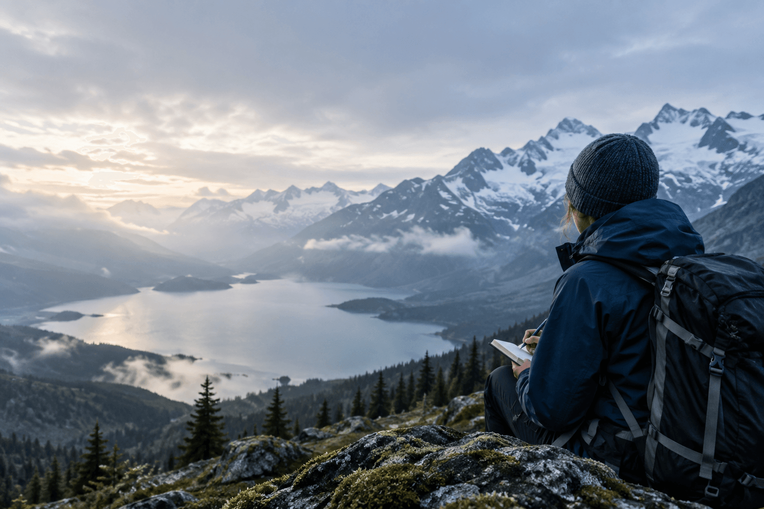 A researcher writing field observations in a notebook above an alpine lake.